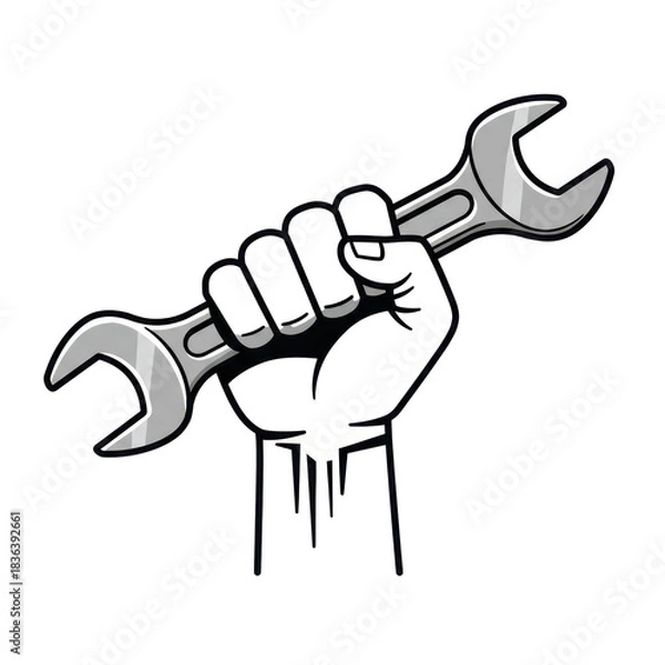 Fototapeta A stylized muscular fist clenching a silver metal wrench, raised up on a white background in a bold vector style. Concept of industrial labor and solidarity