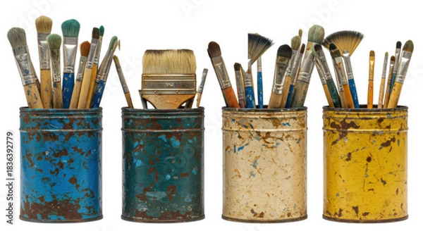 Fototapeta Four vintage distressed metal tins with professional artist brushes isolated on a transparent background with copy space. Concept of creativity and art supplies