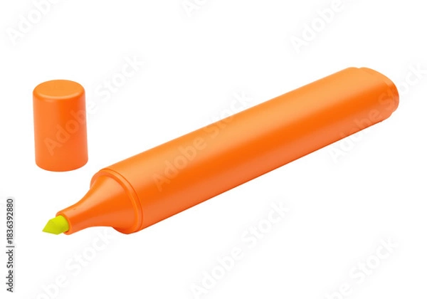 Fototapeta Photorealistic macro shot of a new orange highlighter pen with a yellow-green nib, isolated on a white background. Concept for professional office advertisement