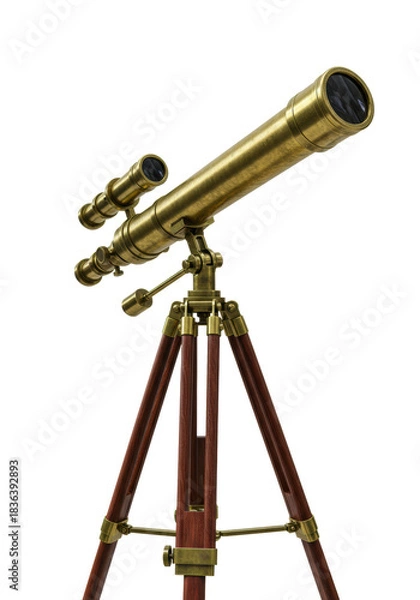 Fototapeta A detailed antique brass telescope on a mahogany tripod, angled up against a transparent background with copy space. Concept of scientific exploration and discovery