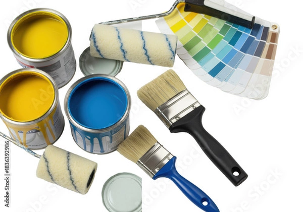 Fototapeta Professional painting tools with yellow and blue paint cans and a color swatch arranged in a flat lay on a white background concept of home renovation and diy
