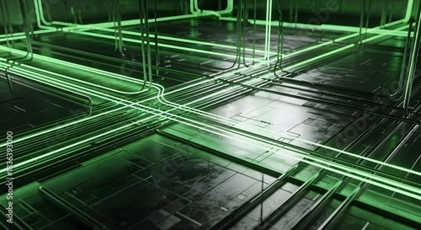 Obraz Futuristic green technology background abstract digital network cyber system structure connection lines