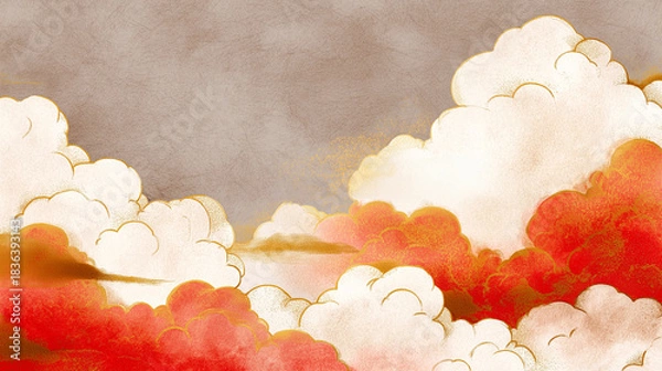 Obraz 水墨調の紅白の雲・和風背景
