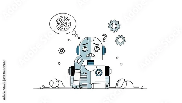 Obraz Confused Robot with Thought Bubble and Gears