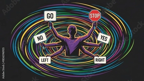 Obraz Man with Multiple Arms Surrounded by Swirling Lines