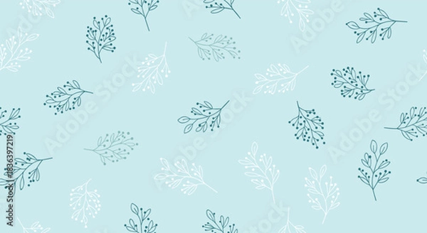 Obraz Lovely seamless winter or spring pattern with delicate hand-drawn branches with leaves on a calming light blue background.