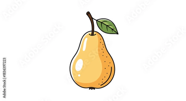 Obraz Cute cartoon illustration of a single ripe yellow pear with a green leaf and stem isolated on a plain white background.