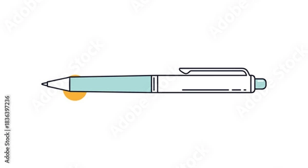 Obraz Clean and simple line art illustration of a ballpoint pen with a light blue grip and minimal orange dot accents on a white background.
