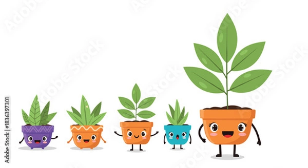 Obraz Cute row of five cartoon potted plant characters with happy faces showing the stages of growth from small to large.