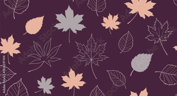 Obraz Seamless autumn pattern with elegant stylized and outline maple and birch leaves in muted colors on a dark purple background.