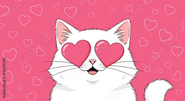 Obraz Cute and funny white cartoon cat in love with big pink heart eyes on a pink background with a seamless heart pattern.