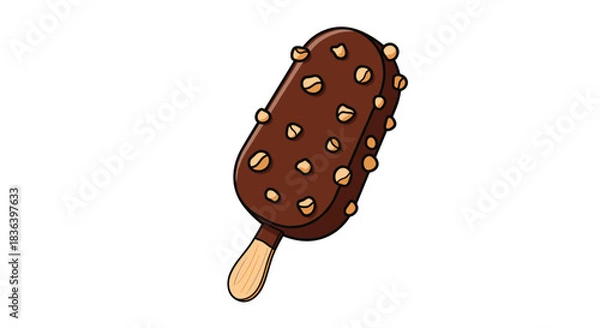 Obraz Delicious cartoon chocolate covered ice cream bar on a stick with crunchy peanut topping isolated on a plain white background.