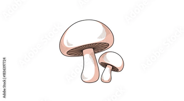 Obraz Simple hand-drawn illustration of two fresh champignon mushrooms with a textured sketch style isolated on a clean white background.