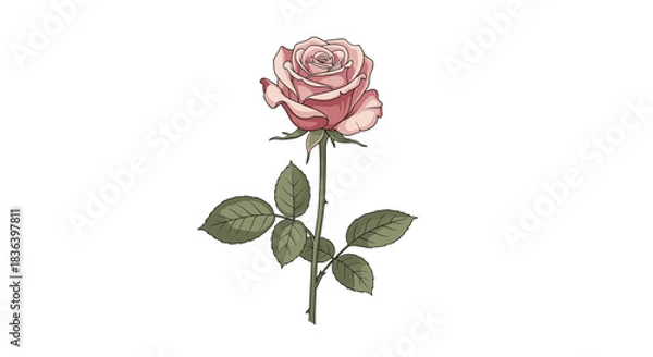 Obraz Detailed drawing of a single elegant pink rose with a green stem and leaves depicted in a vintage botanical illustration style.