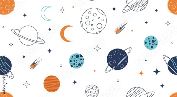 Obraz Seamless childish pattern of colorful cartoon planets stars comets and moons on a clean white background for kids decor.