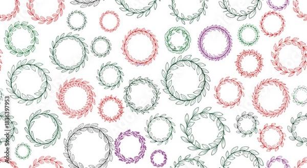 Obraz Colorful seamless pattern of hand-drawn doodle wreaths and floral circles in various sizes on a clean white background.