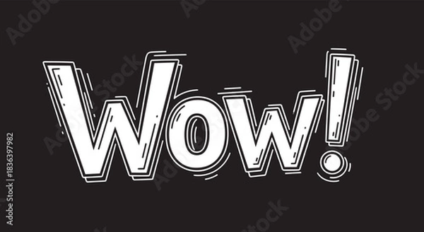 Obraz Hand-drawn comic book style lettering of the word Wow in white with sketch details on a solid black background.