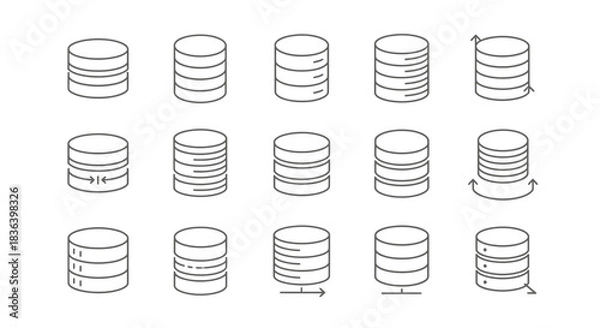Obraz Database and Server Stack Line Icons Set: Data Storage, Connection, Transfer, Sync, and Management Symbols.