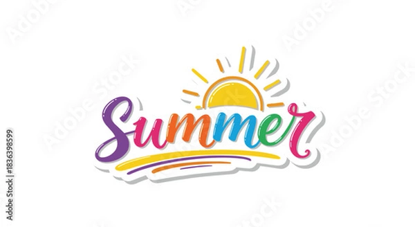 Obraz Colorful handwritten summer lettering logo with a bright yellow sun and a sticker effect isolated on a white background for vacation.