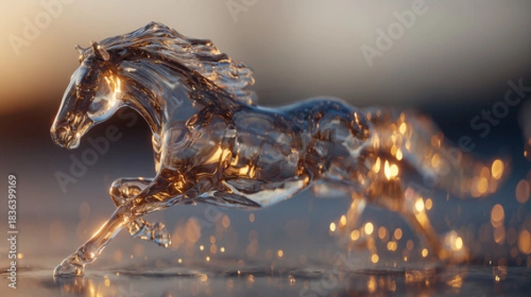 Obraz 黄金の光に輝くガラスの馬　水しぶきを上げて走る3Dイラスト
