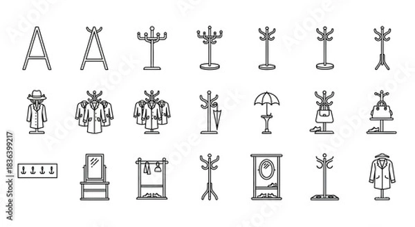 Obraz Coat Rack and Hall Stand Outline Icons: Entryway Furniture, Garment Storage, and Accessories