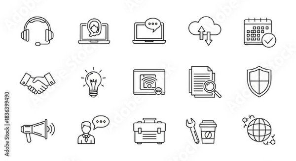 Obraz Business, Communication, and Technology Line Icons Set: Support, Cloud Computing, Security, Idea, and Global Network Concepts.