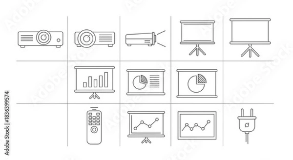 Obraz Presentation Equipment and Data Chart Icons Set (Projector, Screen, Remote, Graphs)