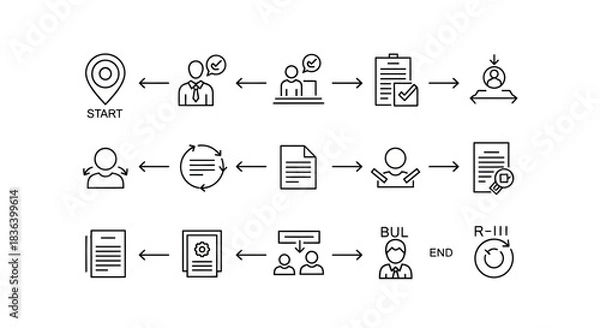 Obraz Linear workflow visualization showing complex business procedure stages from start to end with icons.