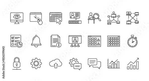 Obraz Outline Icons Set for Business Management, Technology, Communication, Scheduling, and Analytics Interface Elements