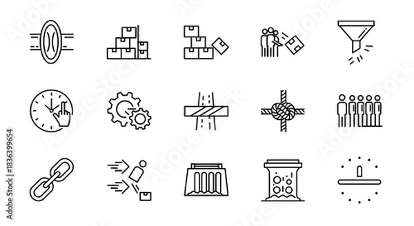 Obraz Workflow and Logistics Management Line Icons Set: Featuring Supply Chain, Time, Barriers, Optimization, and Team Collaboration Concepts.