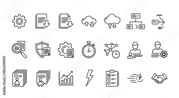 Obraz Business Management and Data Technology Outline Icons Set including Analytics, Security, Cloud, and Time Efficiency.