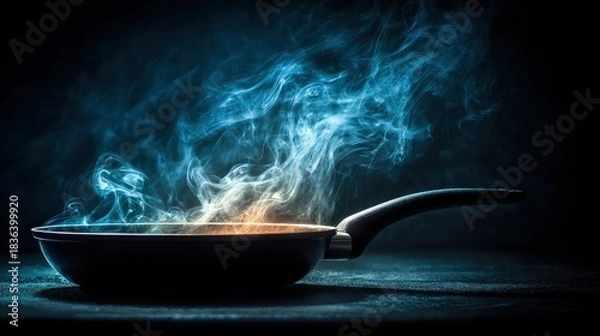 Fototapeta Hot steam rises dramatically from a skillet on a dark surface. Use this for cooking concepts, food safety, or recipe imagery.