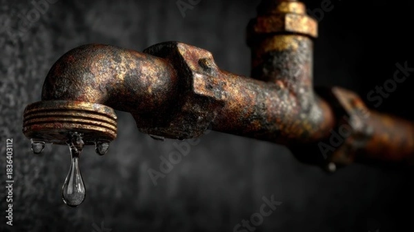 Fototapeta Rusty, old metal faucet with dripping water against dark textured background. Perfect for illustrating waste, decay, plumbing issues, or industrial themes.