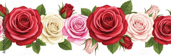 Fototapeta Elegant vector illustration of a decorative rose border featuring red, pink, and white roses with lush green leaves for floral designs.