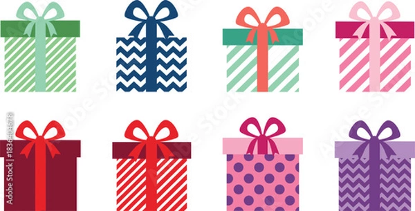 Fototapeta Bright vector illustration set of colorful patterned gift boxes with bows, featuring stripes, dots, and chevron designs for festive projects.
