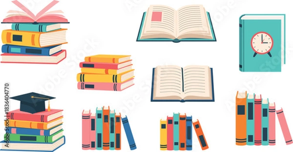 Fototapeta PrintColorful vector collection of stacked and open books with educational elements, perfect for school, learning, library, and academic design projects.