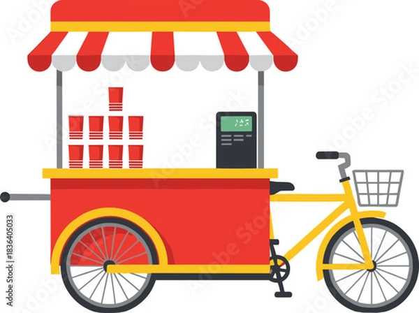 Fototapeta Colorful vector illustration of a bicycle street vending cart with canopy, stacked cups, and payment terminal for food and drink businesses.