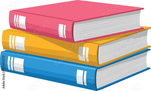 Fototapeta Colorful vector illustration of stacked books in pink, yellow, and blue, perfect for education, study, reading, and academic design themes.