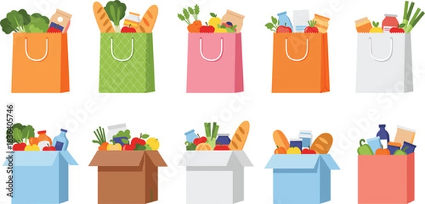 Fototapeta Colorful vector illustration set of grocery bags and boxes filled with fresh food, vegetables, and essentials, perfect for shopping and delivery themes.