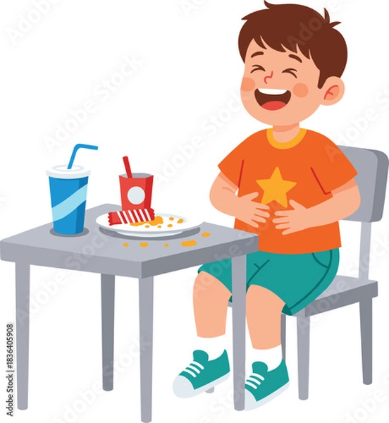 Fototapeta Cute vector illustration of a happy boy eating fast food at a table, enjoying snacks, fries, and a drink.