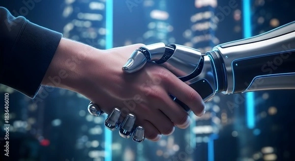 Obraz Human robot handshake futuristic technology artificial intelligence collaboration agreement future tech