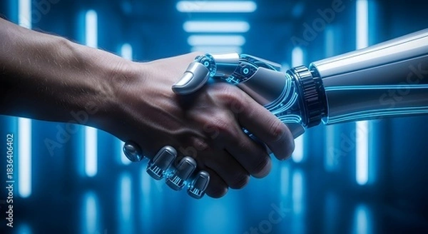 Obraz Artificial intelligence robot handshake technology collaboration partnership future innovation