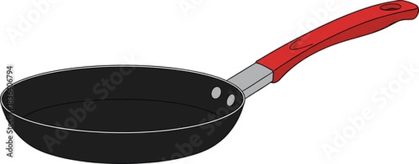 Fototapeta Detailed vector illustration of a black frying pan with red handle, ideal for kitchen, cooking, and culinary design projects.