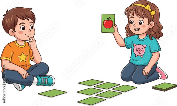 Fototapeta Cute vector illustration of two children learning with flashcards, playing an educational matching game featuring pictures and vocabulary words.