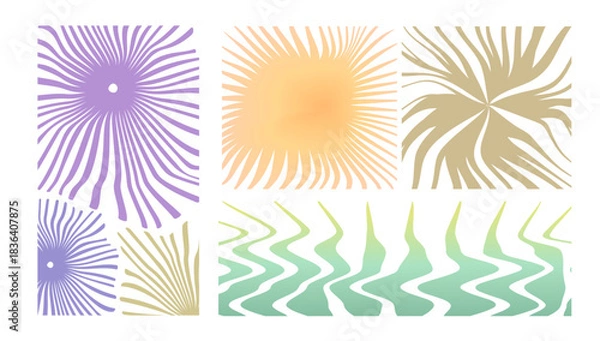 Fototapeta Abstract Wavy Line Pattern Set | Sunburst, Gradient Waves, Retro Geometric Backgrounds