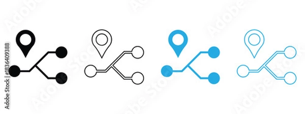 Obraz Location & Travel Icon Set – Vector Map Pins, GPS, Compass, Airplane Routes, and Navigation Symbols