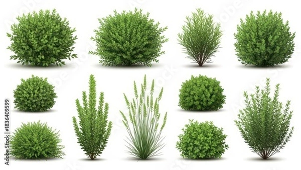 Obraz Set of various green garden bushes and plants isolated on white background.