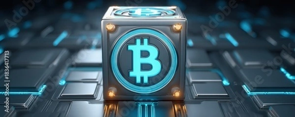 Fototapeta Future Banking Technology Concept. A glowing Bitcoin symbol on a metallic cube, surrounded by a futuristic digital background, representing cryptocurrency and blockchain technology.