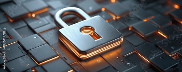 Fototapeta Future Banking Technology Concept. A metallic padlock sits on a dark, textured background with glowing accents, symbolizing security and technology.