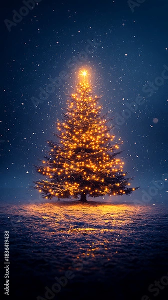 Fototapeta Christmas tree alone in a snowy field at night, aglow with warm lights and a shining star, casting a cozy, festive glow amid gentle snowfall and quiet winter sky